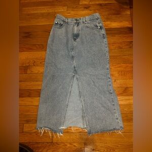 Miou Muse Washed Denim‎ Midi Skirt Front Slit Med Raw Hem